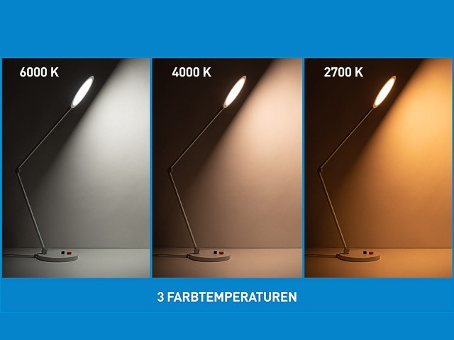Drei Farbtemperaturen: Tageslicht (6000K), kaltes Licht (4000K) und warmes Licht (2700K)